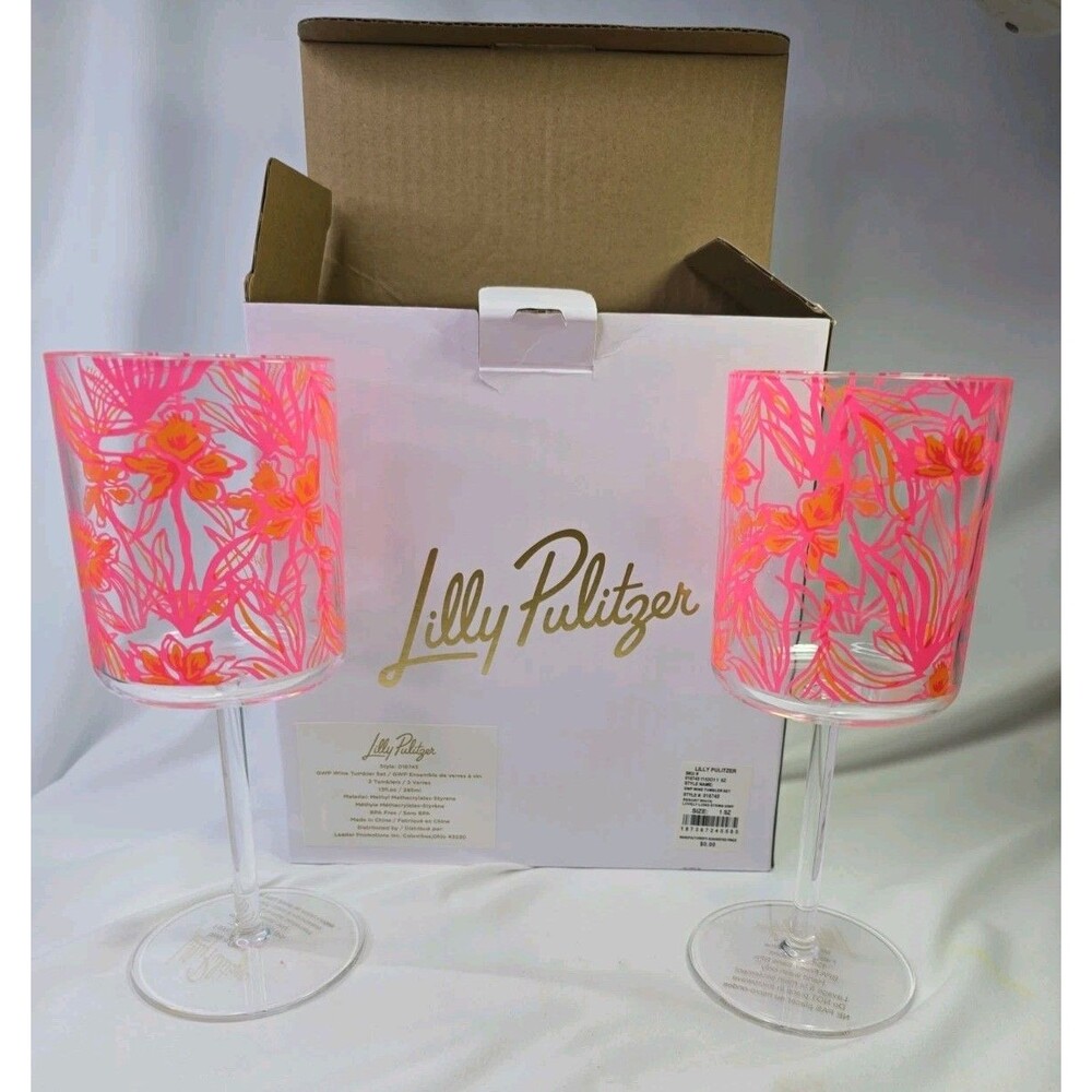 Lilly Pulitzer GWP Wine Tumblers Set Resort Lovely Long Stems Orange Hot Pink